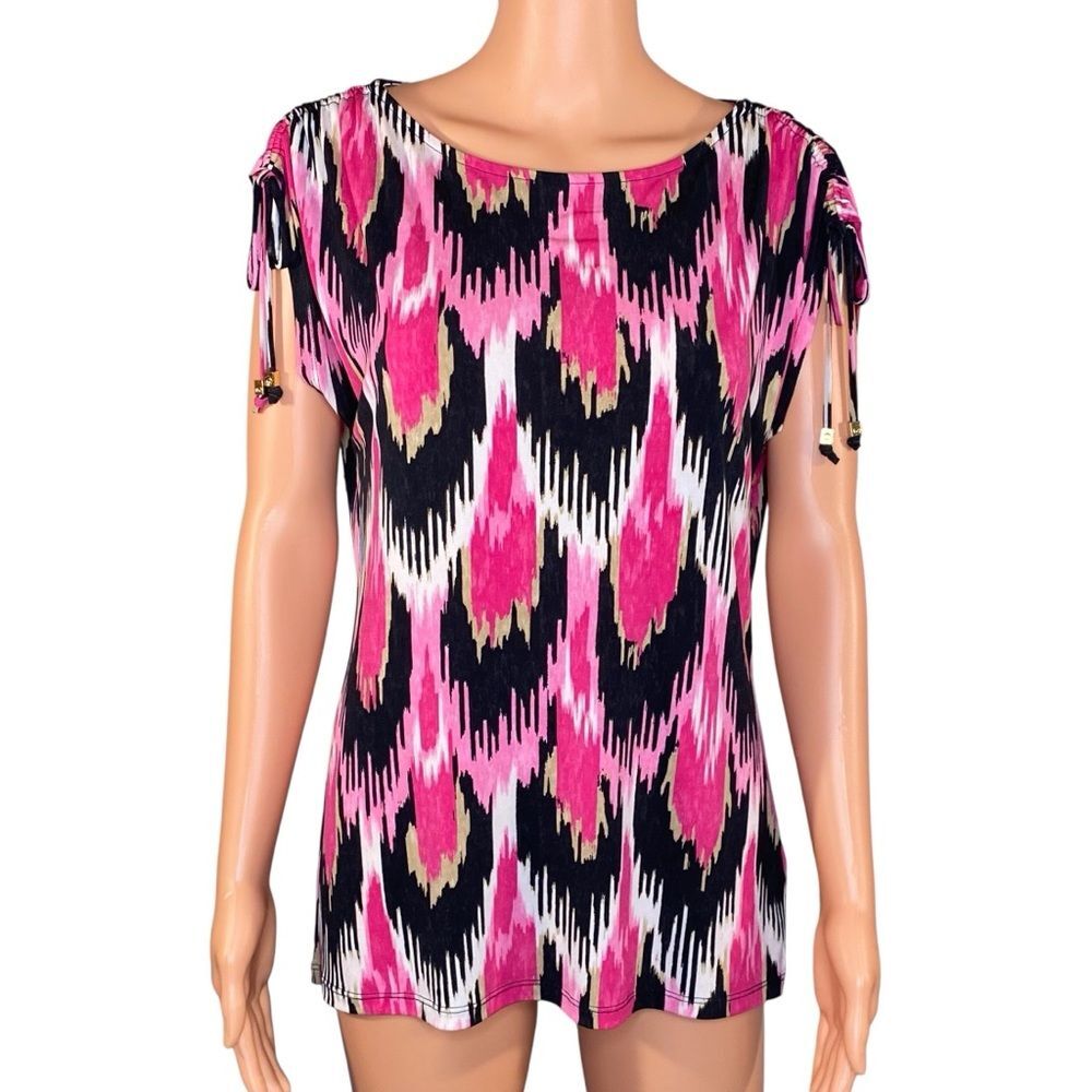 MICHAEL Michael Kors Blouse Short Cap Sleeve Round Neckline Bold Print SZ Med